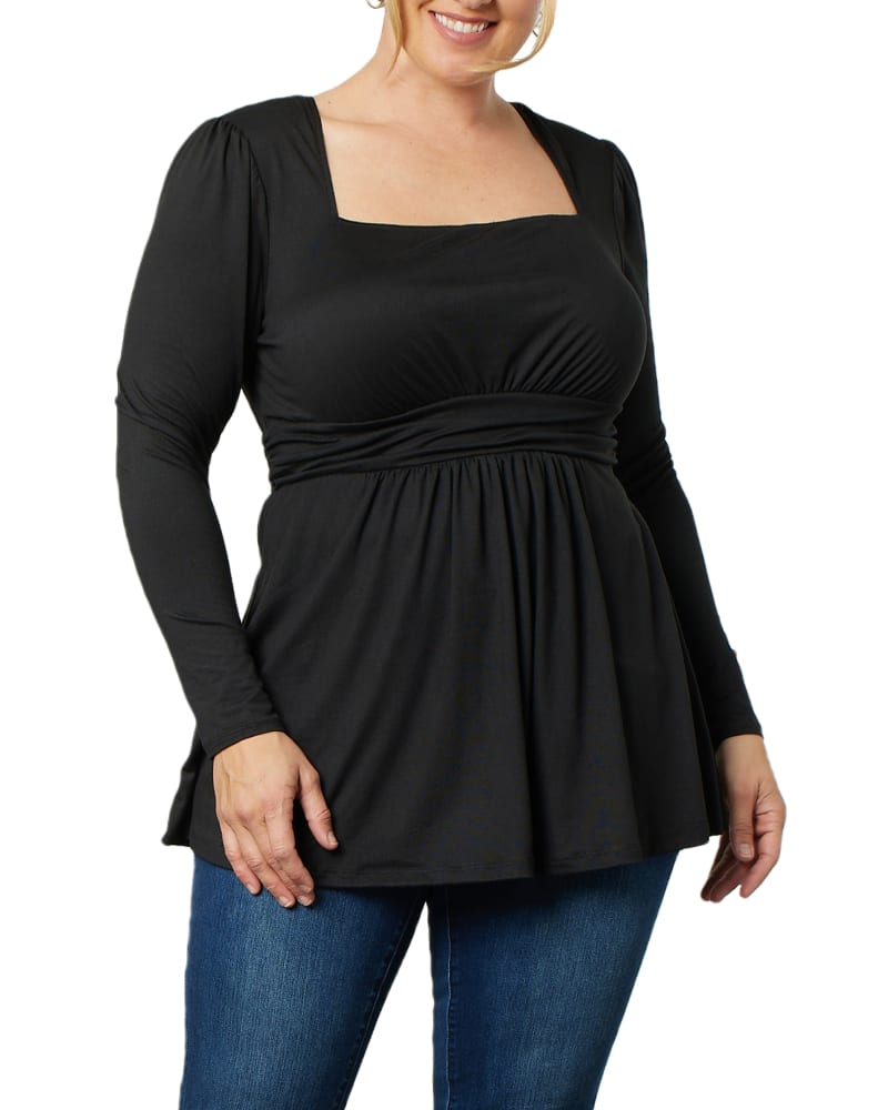 Side of a model wearing a size 5X Delilah Top in BLACK NOIR by Kiyonna. | dia_product_style_image_id:270274